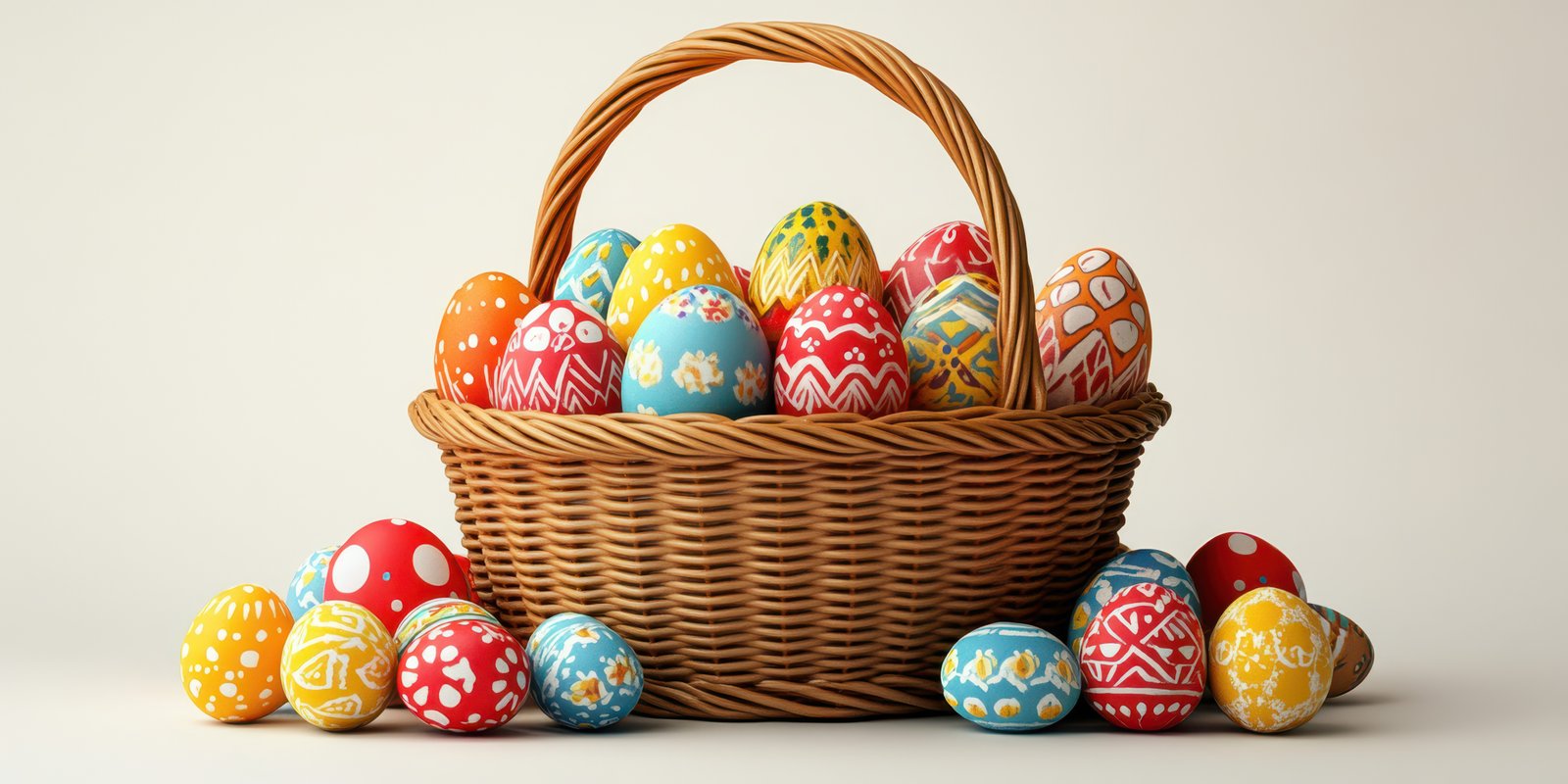Colorful decorated eggs in a woven basket overflowing with vibrant colors and intricate designs during spring celebration